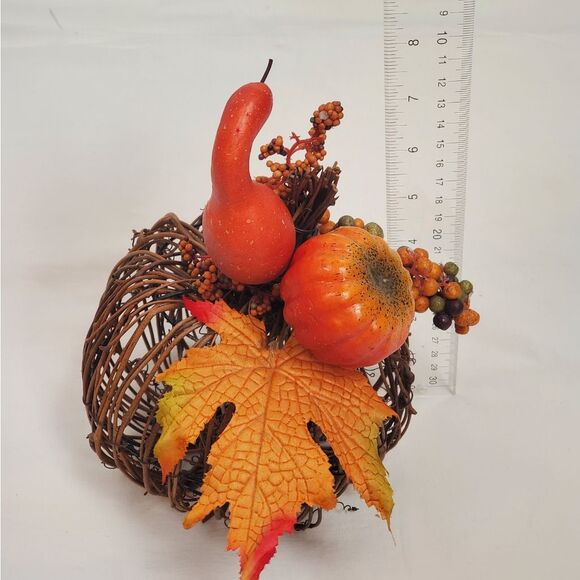 Fall Wicker Pumpkin with Gourd & Leaf Accent 7” Autumn Table Decor - Picture 4 of 5